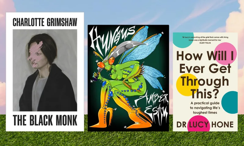 Three book covers arranged on top of grass and a light pink and blue sky.