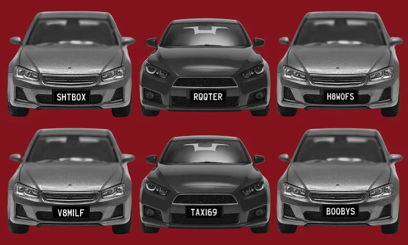 Six silver cars on a red background, viewed from the front. Each car displays a license plate with provocative or suggestive text: SHTBOX, RQOTER, H8WOFS, V8MILF, TAXI69, and BOOBYS.
