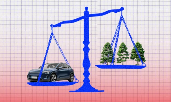 a grid background with a scales where a car is heavier and trees are lighter