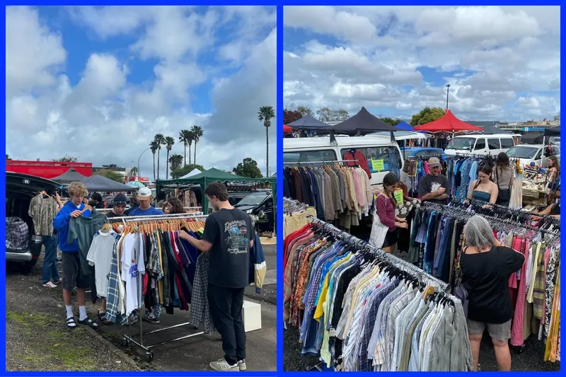 Shoppers and racks of clothes at Central Flea Market in Balmoral, Auckland.