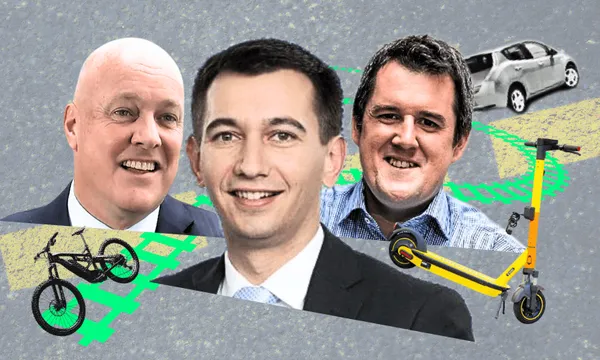Three men in formal attire are superimposed over cartoonish images of a bicycle, e-scooter, and car, with green tracks on a grey textured background.