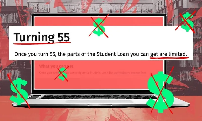 A red-tinted laptop screen reads "turning 55: once you turn 55 the parts of the student Loan you can get are limited" surrounded by lime green dollar signs being crossed out