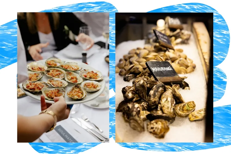 A waiter serving Oysters Kilpatrick , Mahurangi Oysters at on ice.