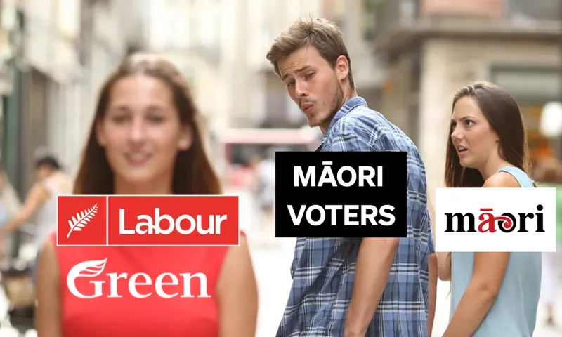 A popular meme shows a man labeled “Māori voters” turning away from a woman labeled “māori” to look at another woman labeled “Labour Green,” while the first woman looks annoyed.