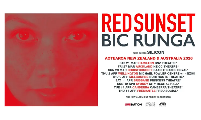 A promotional banner for Bic Runga's Red Sunset tour which has a red image of the singer's face, close up, with red and black info text beside it.