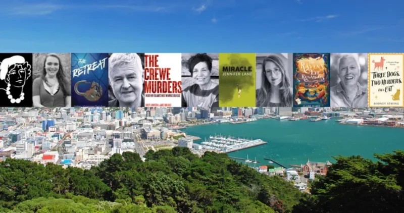 A photo of Wellington's harbour on a fine day is overlaid with author photos and book covers.