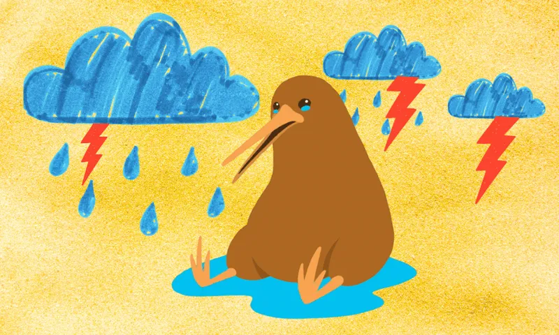 A sad kiwi bird sits in a puddle, surrounded by dark rain clouds with red lightning bolts and raindrops, against a bright yellow background.