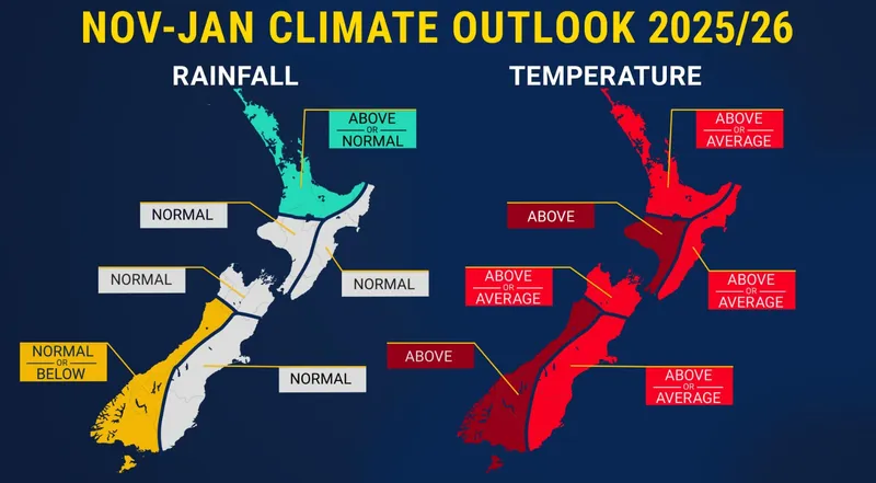 A climate outlook map of New Zealand for Nov-Jan 2025/26 shows rainfall predictions (normal, above normal, below normal) on the left and temperature predictions (above average, above) on the right, both highlighted by region.