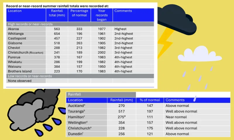 A table listing record summer rainfall totals at New Zealand locations is shown over a yellow background with cartoon clouds, rain, and lightning. A second table below lists rainfall data for major cities.