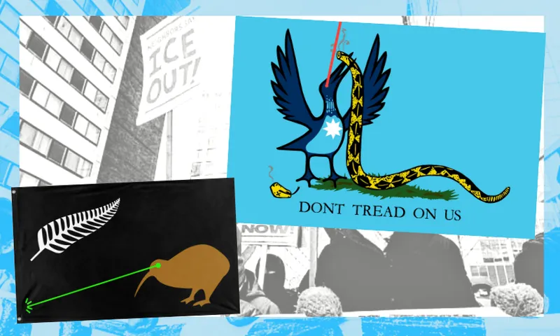 A collage featuring a kiwi bird shooting green laser eyes at a silver fern on a black flag, and a blue flag with a bird firing a red laser at a yellow snake above "DON'T TREAD ON US." A faded protest scene is in the background.