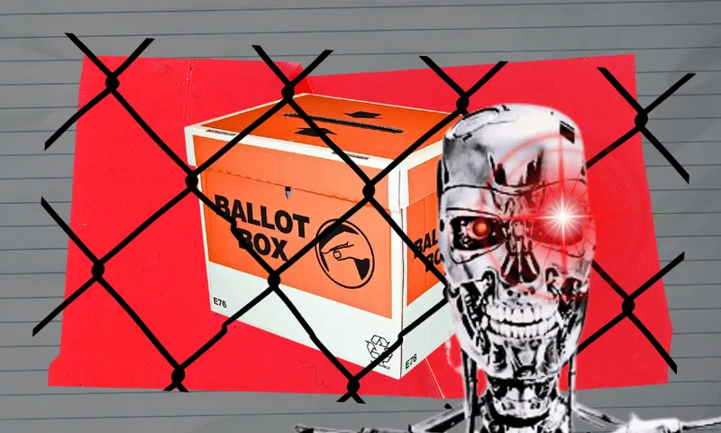 A ballot box is seen behind a chain-link fence, with a metallic humanoid robot in the foreground and a glowing red eye, suggesting themes of voting security and artificial intelligence.