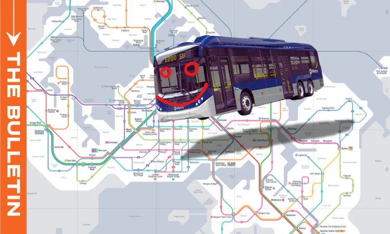 A city bus with a cartoon smiling face is superimposed over a colorful transit map labeled "THE BULLETIN" on the left side. The bus appears to be floating above the map.