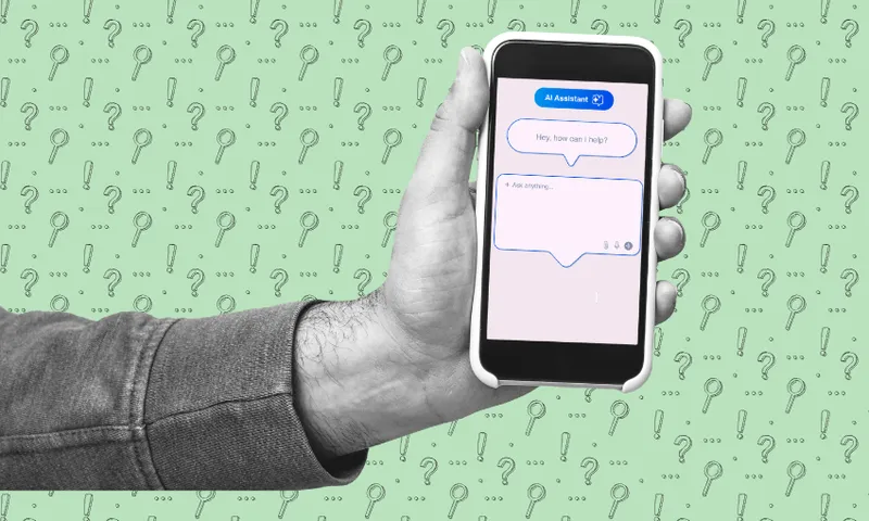 A person holds a smartphone displaying a digital assistant chat interface. The background is green with question marks and magnifying glass icons in a repeating pattern.