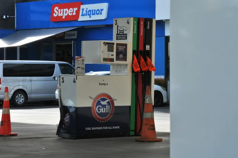 Gull petrol station pumps with "out of order" signs on them.