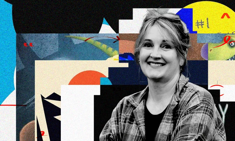 A black and white photo of the author Ruth Paul who is a middle aged woman with her hair tied up, a checked shirt on, and smiling. Behind her is a collage of book covers.