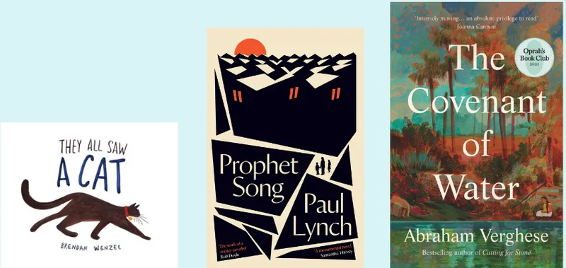 Three book covers side by side with a pale blue background.