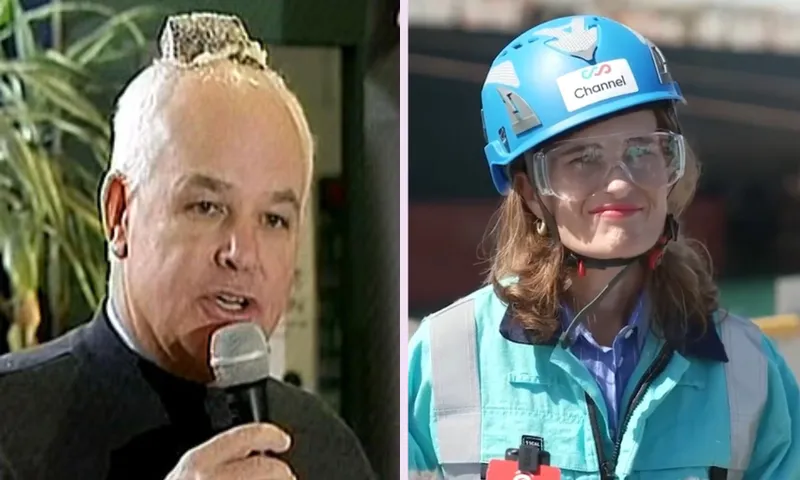 A split image: On the left, an older man with a foil hat speaks into a microphone. On the right, a woman in a blue Channel hard hat and safety vest smiles outdoors at a construction site.