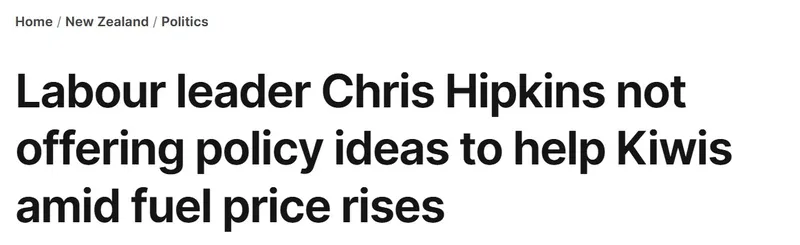A news headline reads: "Labour leader Chris Hipkins not offering policy ideas to help Kiwis amid fuel price rises." The section is labeled Home / New Zealand / Politics.