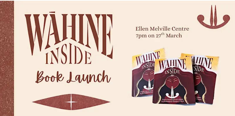 A banner promoting a book called Wāhine Inside.