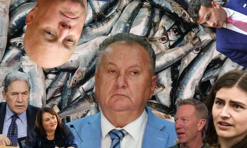 A collage of several people’s faces surrounding a pile of fish, with some faces shown upright and others upside down. The expressions range from serious to neutral, set against the background of silvery fish.