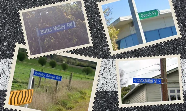 Street signs for Butts Valley Road, Gooch Place, Cockburn Street, Knobby Range Road