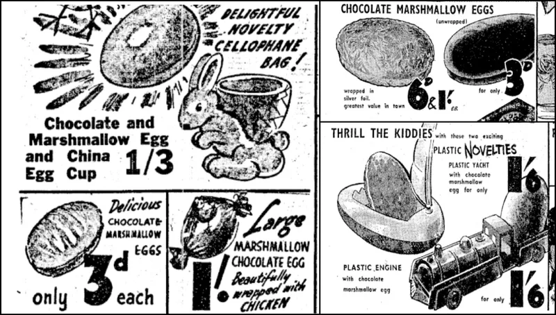 A vintage black-and-white advertisement showcases chocolate and marshmallow Easter eggs, some with plastic or china cups, a bunny, and novelty toys like a train and yacht, with prices and promotional text.