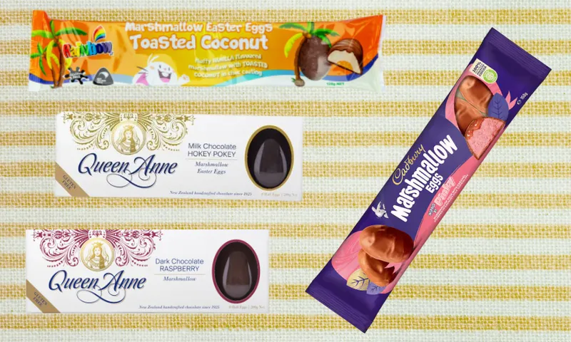 Four packages of Easter chocolate eggs, including Kenland Toasted Coconut Marshmallow Eggs, Cadbury Marshmallow Eggs, and Queen Anne eggs in Milk Chocolate Hokey Pokey and Dark Chocolate Raspberry flavors, on a striped background.