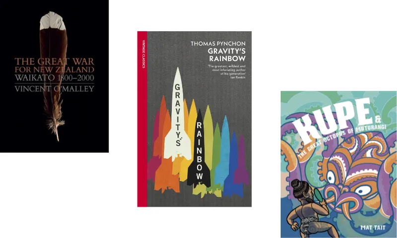 Three book covers descending.