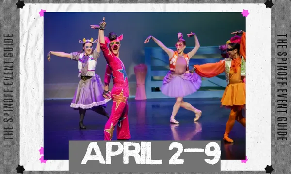 A banner image for the Spinoff Event Guide with a photo for Dazzlehands the ballet, which is about farm animals.