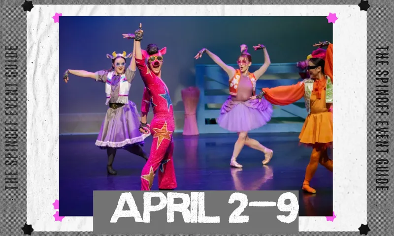 A banner image for the Spinoff Event Guide with a photo for Dazzlehands the ballet, which is about farm animals.