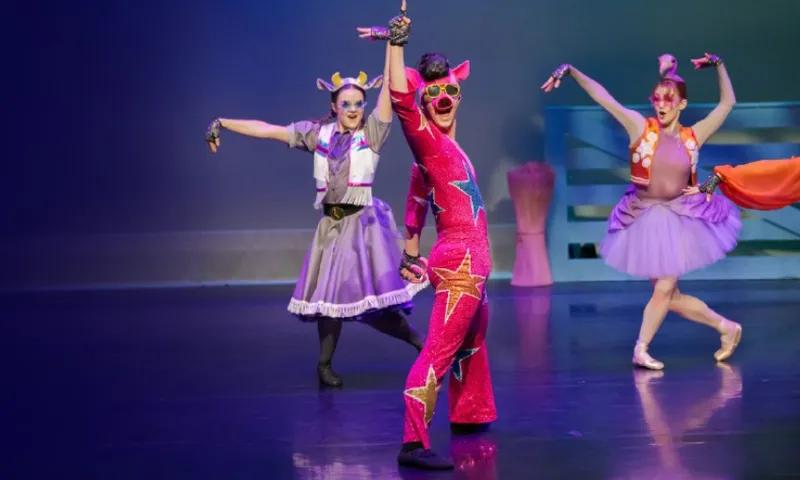 A production photo of Dazzlehands the ballet which is about farm animals and stars a pig.