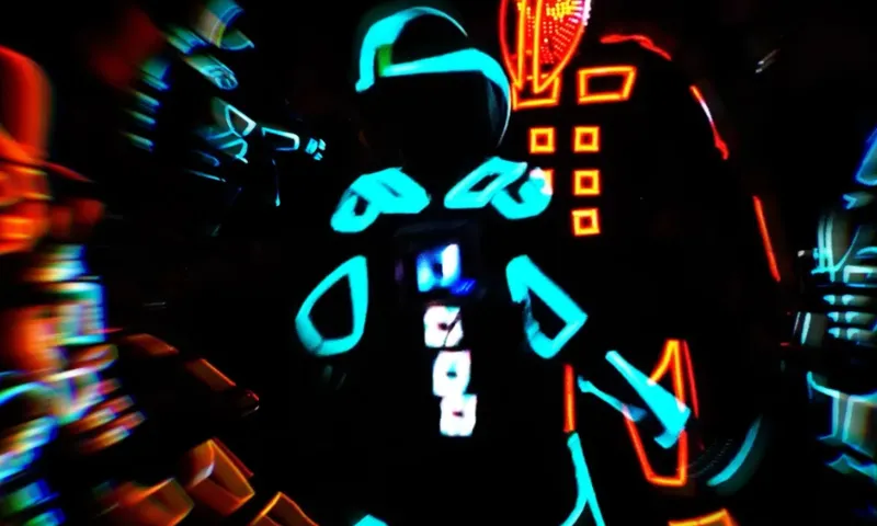 An abstract photo of multi-coloured lights in the dark.