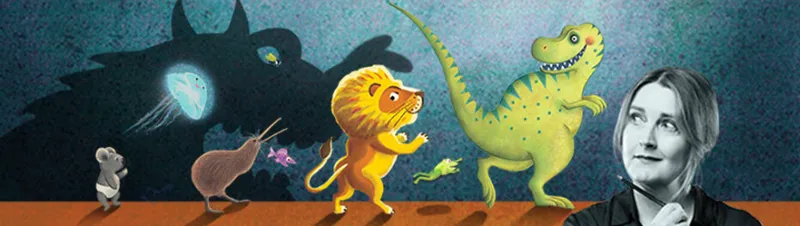 An illustration of various monsters walking along a wooden floor with a black and white photo of a woman's head looking at them.