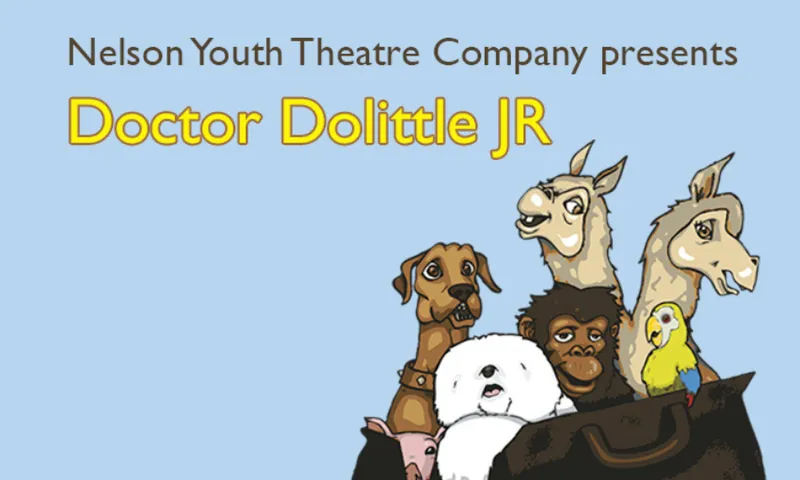 A promotional image for a show called Dr Doolittle Jr which has a bundle of animals in the corner and yellow text.