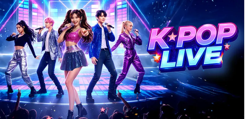 A promotional image for a K Pop concert with performers on a stage.