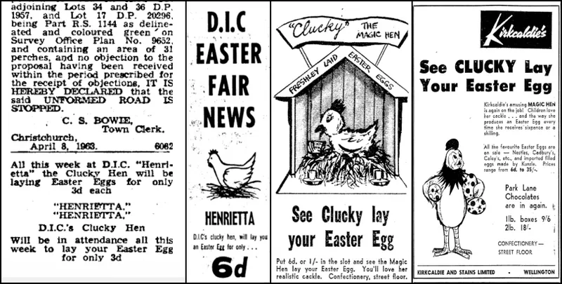 A collage of vintage newspaper ads promoting "Clucky the Magic Hen," featuring text, an illustration of a hen with eggs, and a person in a chicken costume encouraging people to see Clucky lay Easter eggs.