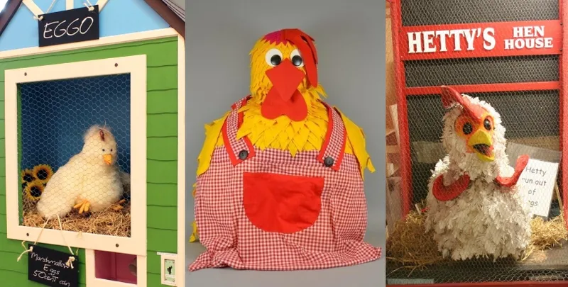 Three creative Easter egg displays: a white chicken puppet in a green "Eggo" coop, a large yellow chicken made of fabric with red overalls, and a white chicken model in a red "Hetty's Hen House" stall.