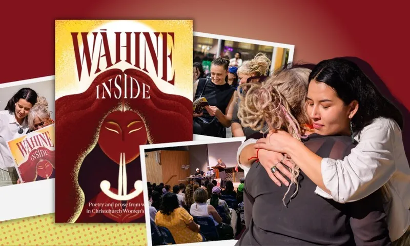 A patchwork of photos and the front cover image of a book called Wāhine Inside. You can see two women embracing.