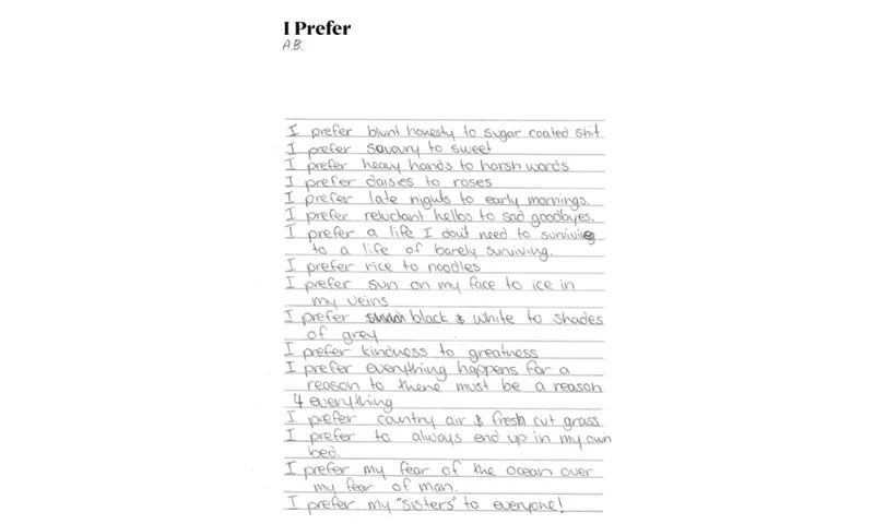 A handwritten poem on lined paper, called 'I Prefer'. Each line starts with 'I prefer...'