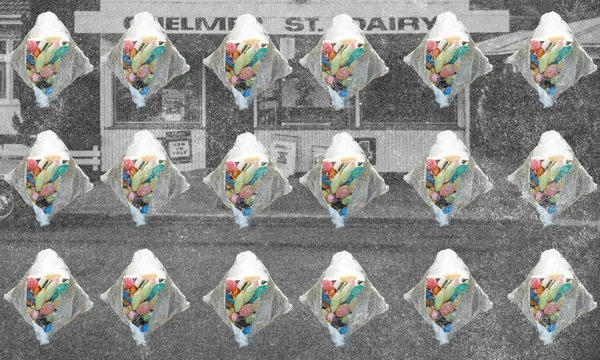Rows of ice cream cones topped with colorful candy are arranged in a grid over a black-and-white, vintage photo of a shopfront labeled "HELME ST. DAIRY.
