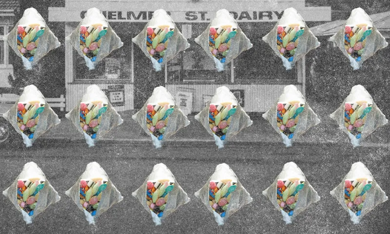Rows of ice cream cones topped with colorful candy are arranged in a grid over a black-and-white, vintage photo of a shopfront labeled "HELME ST. DAIRY.