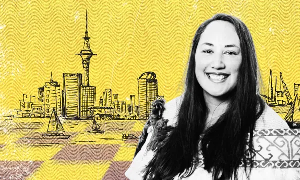 A smiling woman with long dark hair stands in front of a yellow background featuring a black line drawing of a city skyline, boats on water, and patterned design elements.