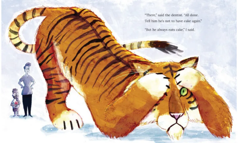 An inside spread from a picture book about a tiger showing a large tiger cowering with two small people behind it.