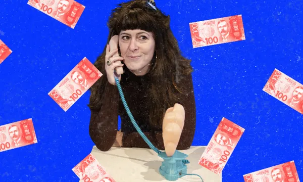 A woman is on the phone while $100 dollar bills fall from the sky around her. She is smiling.