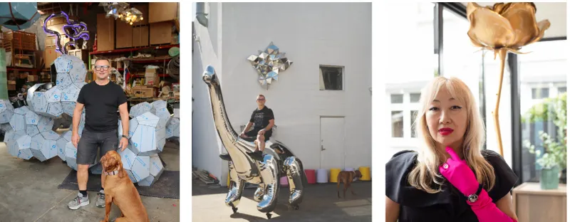 Three photos in a row showing artists with sculptures.