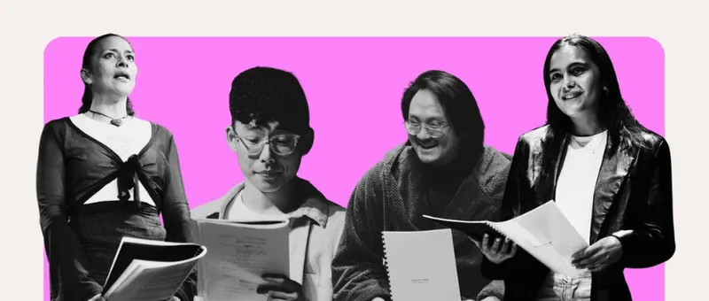 Four people in a row each reading books.