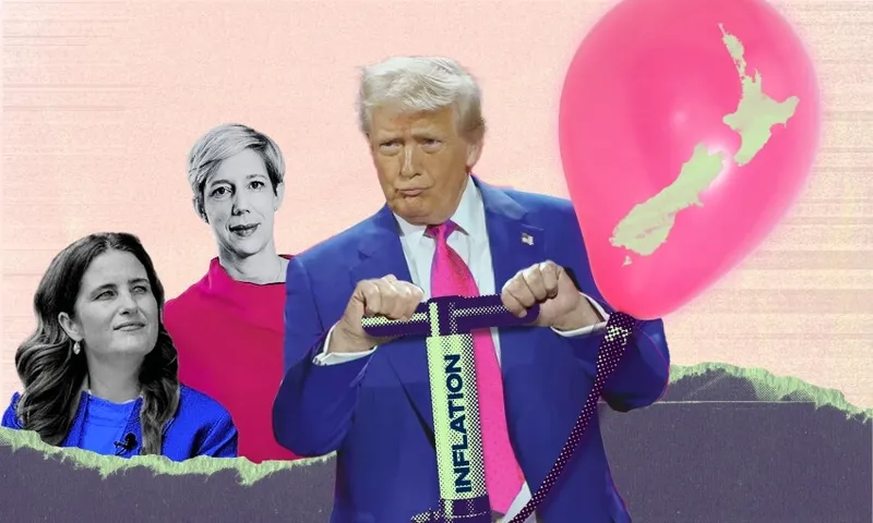 Donald Trump blowing up inflation in NZ, with Nicola Willis and Anna Breman looking on.