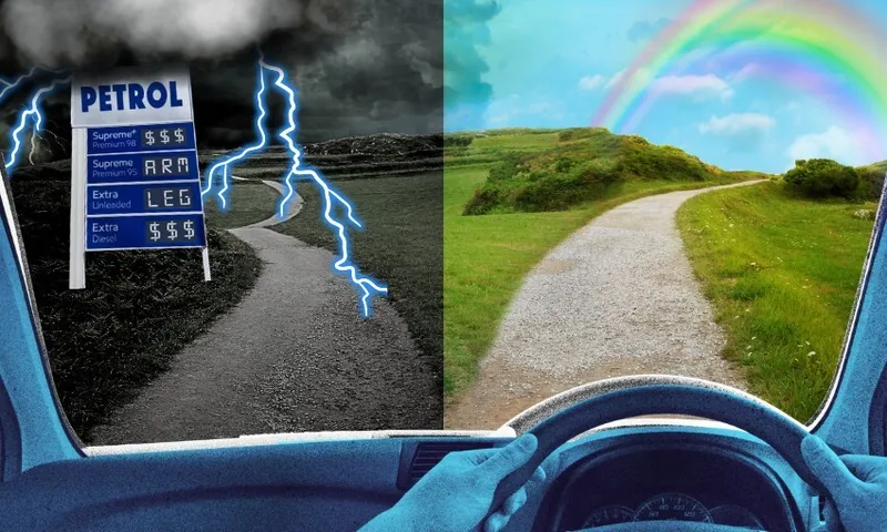 A split image shows a stormy road with lightning and high petrol prices on the left, and a sunny road with green hills and a rainbow on the right, viewed from behind a steering wheel.