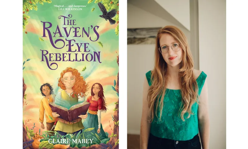 The cover of a book featuring an illustration of three children and an old book. Next to it is the photo of the author who is wearing a green top and has long red hair.