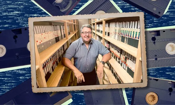 David Elder with VHS tapes